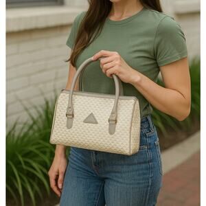 Vintage 80s Liz Claiborne Handbag Cream Gray Geometric Purse Preppy